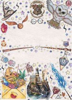 an image of hogwarts collage with harry potter symbols