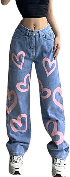 Love Heart Pants, Heart Pants Outfit, Jeans Drawing Diy, Heart Jeans Outfit, Painted Baggy Jeans, Baggy Jeans Drawing, Painting On Jeans Ideas, Custom Cargo Pants