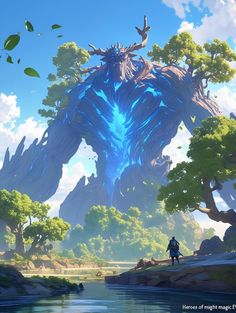 a man standing in front of a giant blue creature next to a forest filled with trees