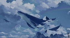 an artistic painting of a whale in the sky with clouds and mountains behind it,