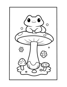 a frog sitting on top of a mushroom in the middle of a coloring book page