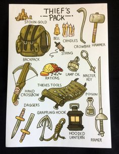 a poster with different types of camping equipment on it's back side, and the words thief's pack written below