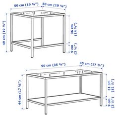 two tables with measurements for each side and the other side, all in different sizes