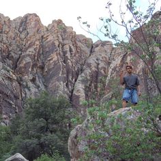 a man standing on top of a mountain next to trees and rocks with mountains in the background