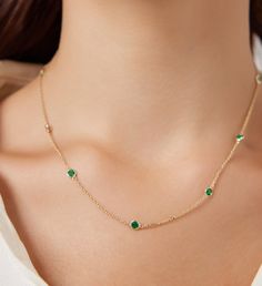 Emerald Necklace, 14K Solid Gold Emerald Station Necklace, Diamond Station Necklace, May Birthstone, Layering Necklace, Diamond by the Yard Emerald Sets Jewellery, Emerald Statement Necklace, Latest Gold Necklace, Diamond By The Yard, Jewelry Wishlist, Inexpensive Jewelry, Gold Jewelry Simple Necklace, Luxe Jewelry, Solid Gold Necklace