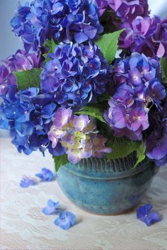 a blue vase filled with purple flowers on top of a table