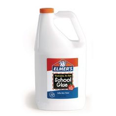 a gallon of elmer's school glue on a white background with an orange cap