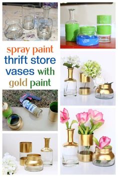 various vases with gold paint and flowers in them