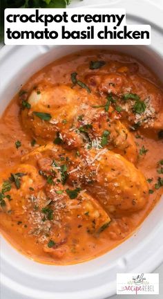 crockpot creamy tomato basil chicken in a white bowl