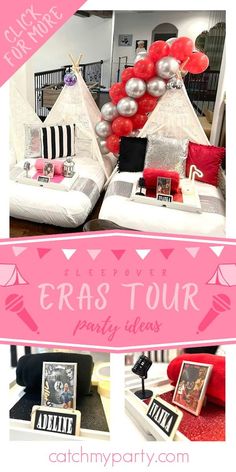 a collage of photos with the words eras tour party ideas in pink and silver