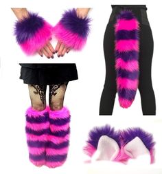 purple and pink furry leg warmers with black stockings