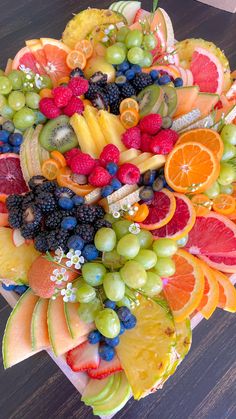 a platter filled with lots of different types of fruit