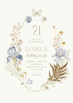 the 21st birthday party card features blue flowers and greenery, with gold foil lettering