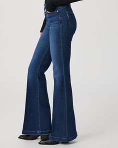 Genevieve is the perfect vintage-inspired, high-rise flare silhouette that gives your legs a long, lean look. Cut from our TRANSCEND VINTAGE denim in a bright dark wash with tonal thread, this pair has the look of authentic vintage denim but is incredibly comfortable with plenty of stretch and recovery. | Genevieve Flare Jean - Sail Away Blue | Size 23 Blue Flare Jeans, Men Store, Paige Jeans, Denim Shoes, High Rise Pants, Vintage Denim, Flare Jeans, Sailing, Vintage Inspired