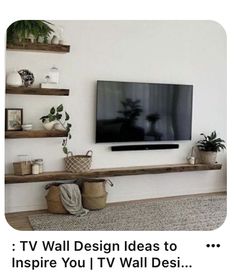 a tv sitting on top of a wooden shelf next to a wall filled with potted plants