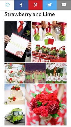 red and green wedding theme collage with food, flowers, glasses, napkins