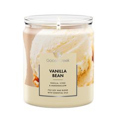 vanilla ice cream in a glass jar with a label on the front that says vanilla bean and marshmallow