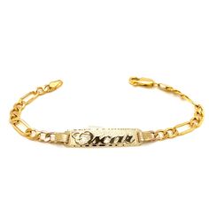 Cherish the Moment with our 14k Yellow Gold Kids and Baby ID Bracelet: Crafted in the timeless Solid Wide Figaro Link style, this bracelet is a symbol of Elegance and Love. We believe in the power of personalization. Your child's name is expertly cut from solid 14k Gold and elegantly overlaid on the bracelet, creating a one-of-a-kind accessory. Additionally, you have the option to engrave a significant date on the back of the nameplate, transforming this bracelet into a cherished keepsake.  Whet Fine Jewelry Engraved Round Bracelets, Engraved Round Bracelets In Fine Jewelry, Engraved Round Fine Jewelry Bracelets, Elegant 14k Gold Nameplate Chain Bracelet, Elegant 14k Gold Nameplate Bracelet, Elegant Engraved Yellow Gold Chain Bracelet, Personalized Yellow Gold Name Bracelet In Fine Jewelry Style, Luxury Promise Bracelets With Jubilee Detail, Elegant Polished Name Bracelet As Gift