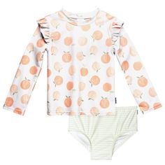 This baby girl and toddler girl swimsuit set brings a sense of style to beach and poolside fun! With a fashionable pattern and cute shoulder ruffles, your little one will love the look of this swimsuit. And with UPF 50+ protective material and a rashguard designed to minimize skin irritation, you'll have peace of mind as she plays. Our essentials have been independently certified with STANDARD 100 by OEKO-TEX® so that you don’t have to worry about harmful substances in your baby’s wardrobe. This Toddler Girl Swimsuit, Long Sleeve Rashguard, Gerber Baby, Swimming Bathing Suits, Swimwear Sets, Baby And Toddler, Swimsuit Set, Toddler Boy Outfits, Swim Suit Bottoms