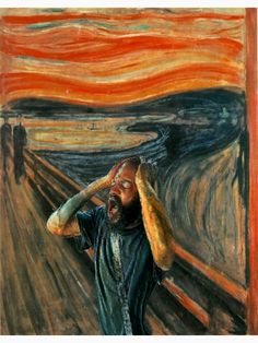 a painting of a man with lightning bolts in his hand and an orange sky behind him