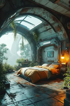 an image of a futuristic bedroom with plants in the corner and sunlight coming through the window