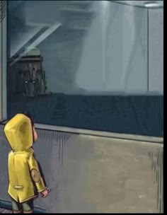 a little boy in a yellow raincoat looking out the window at another person walking by