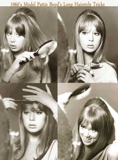 1960's hairstyles tricks for long hair - Pattie Boyd Pattie Boyd Hair, Vintage 60s Outfits, Pattie Boyd Makeup, Pattie Boyd Outfits, 60s Outfits Party, 1960s Hairstyles For Long Hair, Patty Boyd, 1960 Hairstyles, Patti Boyd