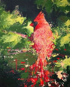 a painting of a red bird perched on a tree branch with green leaves in the background