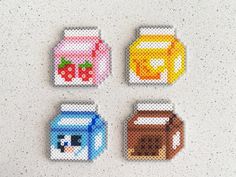 four coasters made out of perler beads with cartoon characters on the front and back