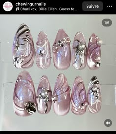 Chrome And Pink Nails, Nail Art Designs Chrome, Pink And Silver Aesthetic, Silver Pink Nails, Pink And Silver Nail Designs, Pink Korean Nails, Pink Silver Nails, Aespa Nails, Silver And Pink Nails