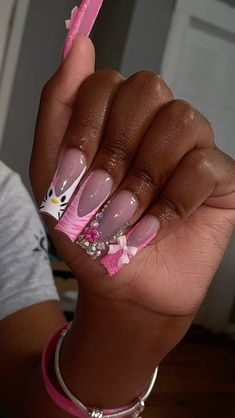 Pink Hello Kitty Nails, Kitty Nails, Cute Simple Nails, French Tip Acrylic Nails, Hello Kitty Nails, Dope Nail Designs