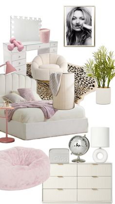 a bedroom with white furniture and pink accessories on it's walls, including a bed,