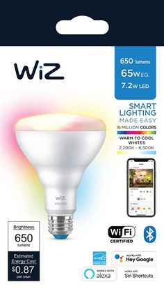 the wiz smart light bulb is in its packaging