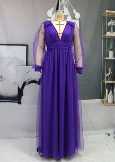 Features: Style: Elegant Material: Chiffon Occasion: Party Neckline: V Neckline Sleeves: Long Sleeves Pattern: Solid Type: Elegant Purple Long Party Dresses Season: Four Seasons Long Party Dresses, Purple L, Party Dress Long Sleeve, Party Dress Long, Sleeves Pattern, Party Dresses For Women, Style Elegant, Dresses For Women, Party Dresses