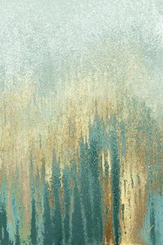 an abstract painting with gold and blue colors on the outside, as well as trees in the background