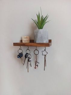 a wooden shelf holding keys and a potted plant