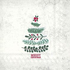 a paper napkin with a christmas tree on it and the words merry written in red