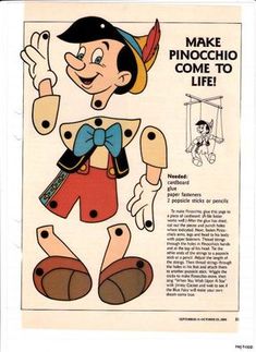 an advertisement for pinocchioo from the 1950's, featuring a cartoon character