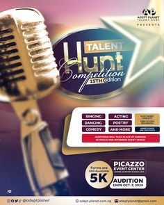 an advertisement for the talent hunt competition with a microphone and stars in the back ground