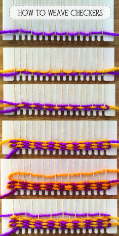 four rows of yarn with the words how to weave checkers written on them in purple, orange and yellow