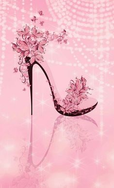 a high heeled shoe with pink flowers on the side and stars in the background