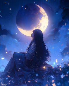 a woman sitting on top of a hill looking at the moon and stars in the sky