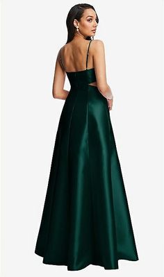 Open Neckline Cutout Satin Twill A-line Bridesmaid Dress With Pockets In Evergreen | The Dessy Group Prom 2023, Alfred Sung, Prom 2024, Evening Dress Floor Length, Dream Dresses, Evening Dresses Cocktail, Satin Gown, Formal Attire, Sweetheart Neck