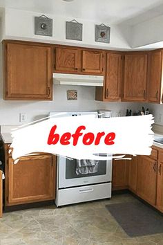 a kitchen with wooden cabinets and white walls, before and after remodeling