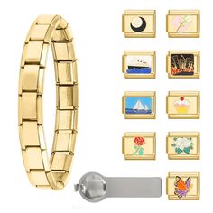 PRICES MAY VARY. Ideal Bracelet and Tools: you will receive 1 Classical Itallan style charm braclet, 1 thumb charms tools, 10Pcs Popular 10mm*9mm Italian Charms; Each tool measures about 2.17 x 0.51 inches/ 55 x 13 mm,which is suitable for most bracelet sizes. It can complete the stitching of all 9mm accessories and can be interchanged and combined with other Italian Charms Compatible with other major brand Italian charms too. These stainless steel Italian charms are available in silver and gold Italian Link Bracelet, Italian Bracelet Gold, Gold Italian Charm Bracelet, Italian Charm Bracelet Gold, Italian Bracelet Charms, Italian Charm Bracelet Aesthetic, Charm Bracelet Diy, Italian Bracelet, Italian Charms