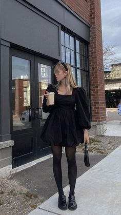 Fishnets Outfit Dress, Headband Dress Outfit, Black Vintage Outfits, Black Long Sleeve Dress Outfit, Black Outfit Aesthetic Classy, Fall Black Dress Outfit, Little Black Dress Outfit Winter, Little Black Dress Outfit Classy, Black Preppy Outfit