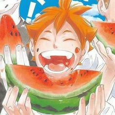 an anime character with orange hair and watermelon slices in front of his face