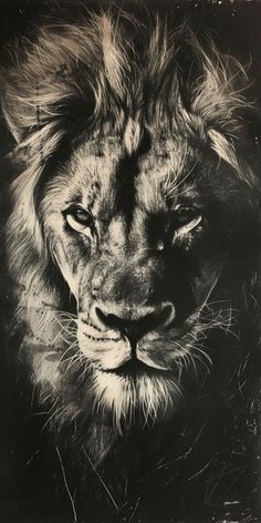 a black and white photo of a lion's face