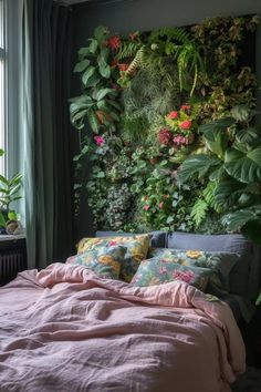 24 Botanical Bedroom Ideas to Decorate with Greenery Greenery Room Decor Bedroom, Pink Bedroom With Plants, Wall Behind Bed, Ny Apartment, Classroom Planning, Custom Headboard, Bedroom Corner