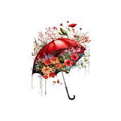 an umbrella with flowers painted on it and watercolor paint splatters all around